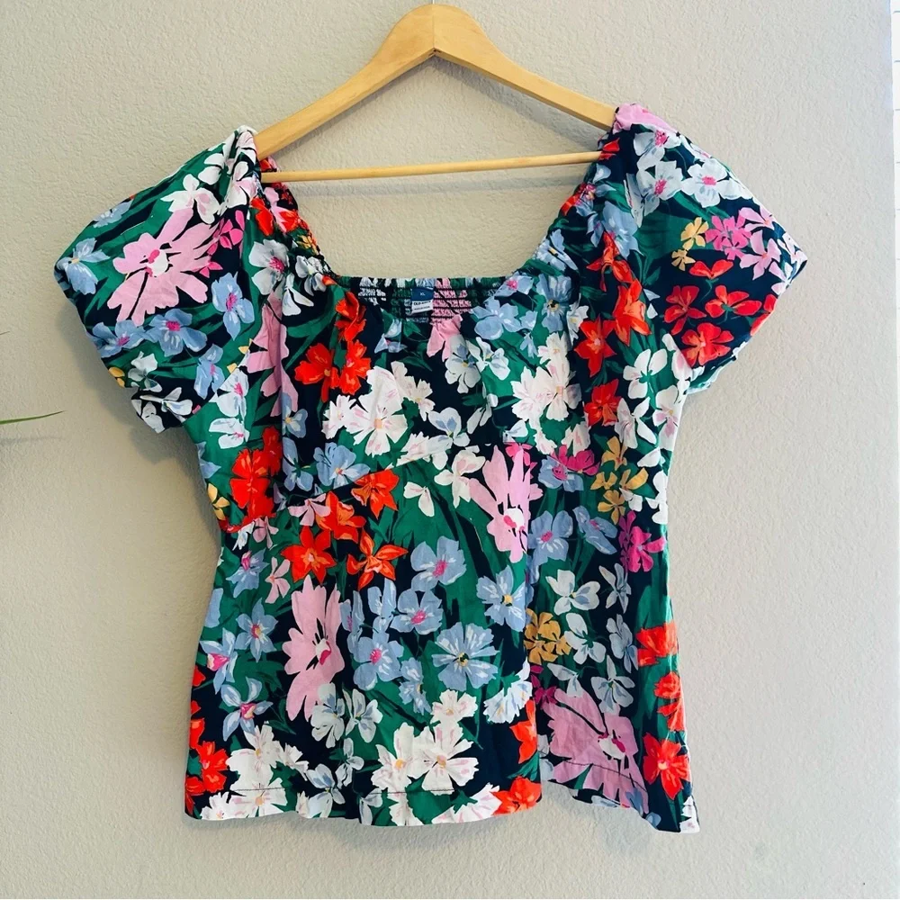 Old Navy Size XL Trapeze Blouse Top Floral Puff Short Sleeve Wide Neck Bohemian